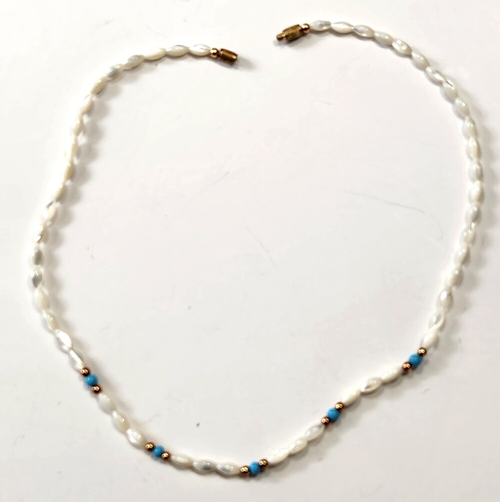 Vtg MOP Rice Bead Necklace Blue Accent Beads Goldtone Spacers Beachy Seaside